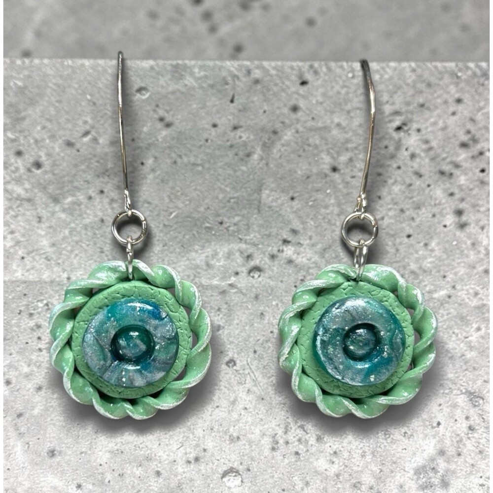 Handmade Blue Green & Silver Dangle Polymer Clay Earrings Stainless Steel Wires